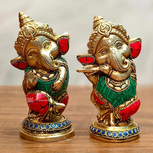 Brassaura™ Set of Baby Brass Ganesha Idols – Height 5 Inches, Total Weight 2.5 Kgs