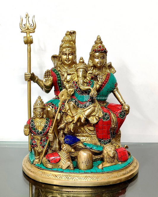Brassaura™ Brass Shiv Parivar Idol with Gemstone Work – Height 9.5 Inches, Weight 5 Kgs