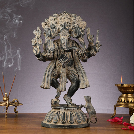 Brassaura™ Brass Panchmukhi Dancing Ganesha Statue – Black White Sand Finish | Height 15 Inches, Weight 8 Kgs