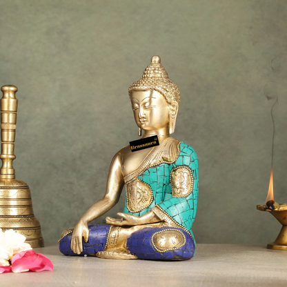 Brassaura™ Brass Buddha Statue with Intricate Stonework – Height 8 Inches & Weight 2 Kgs