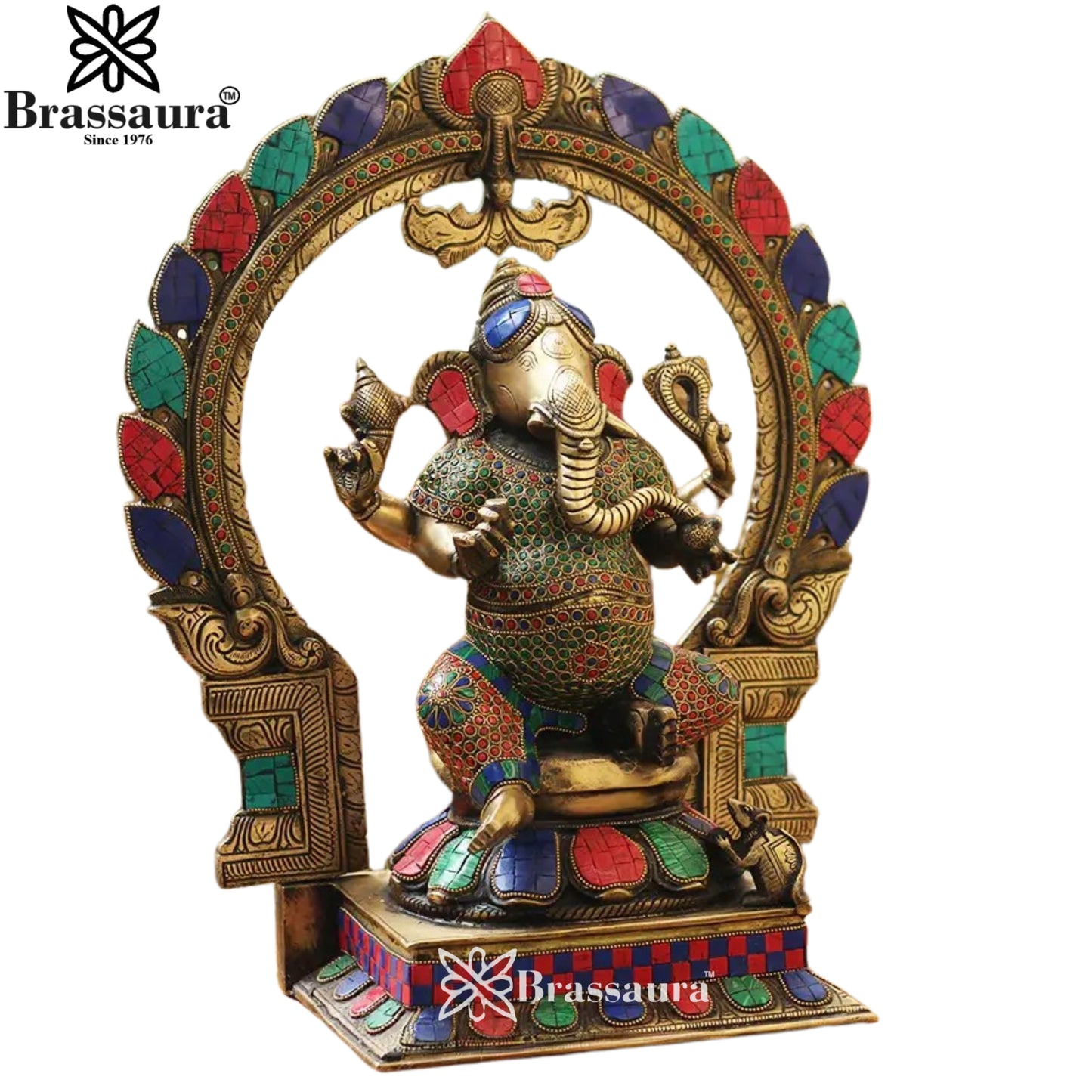 Brass Gem Stone Ganesha Statue Weight 12.63 Kg & Height 18 Inch