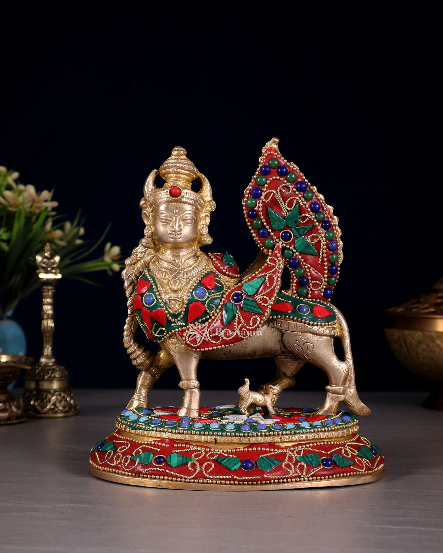 Brassaura™ Brass Kamdhenu Cow with Calf – Meenakari Stonework | 7 Inches Height | 1.59 Kgs Weight | Symbol of Nurturing & Prosperity