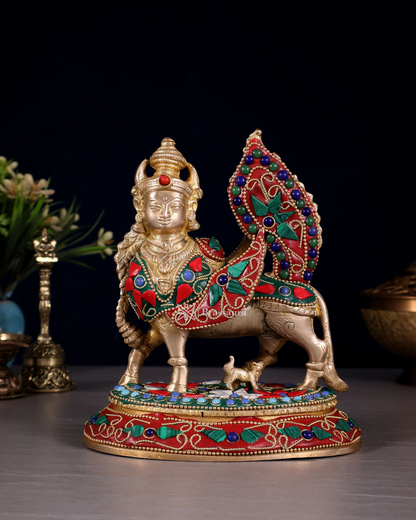 Brassaura™ Brass Kamdhenu Cow with Calf – Meenakari Stonework | 7 Inches Height | 1.59 Kgs Weight | Symbol of Nurturing & Prosperity