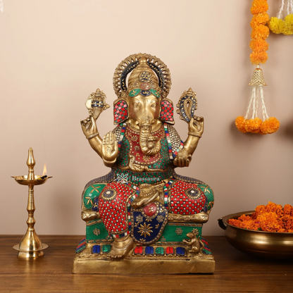 Brassaura™ Brass Lord Ganapati Statue with Intricate Stonework – Height 24 Inches, Weight 26 Kgs