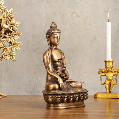 Brassaura™ Pure Brass Buddha Statue in Antique Burnt Finish – Height 8 Inches, Weight 1.66 Kgs
