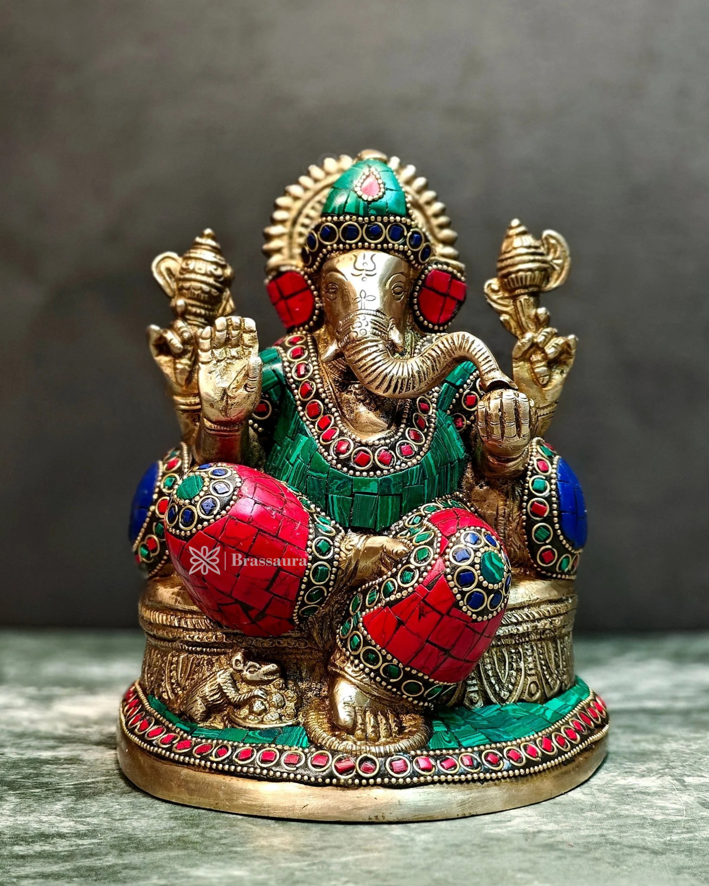 Brassaura™ Pure Brass Lord Ganesha Statue with Meenakari – Height 8 Inches & Weight 3.5 Kgs