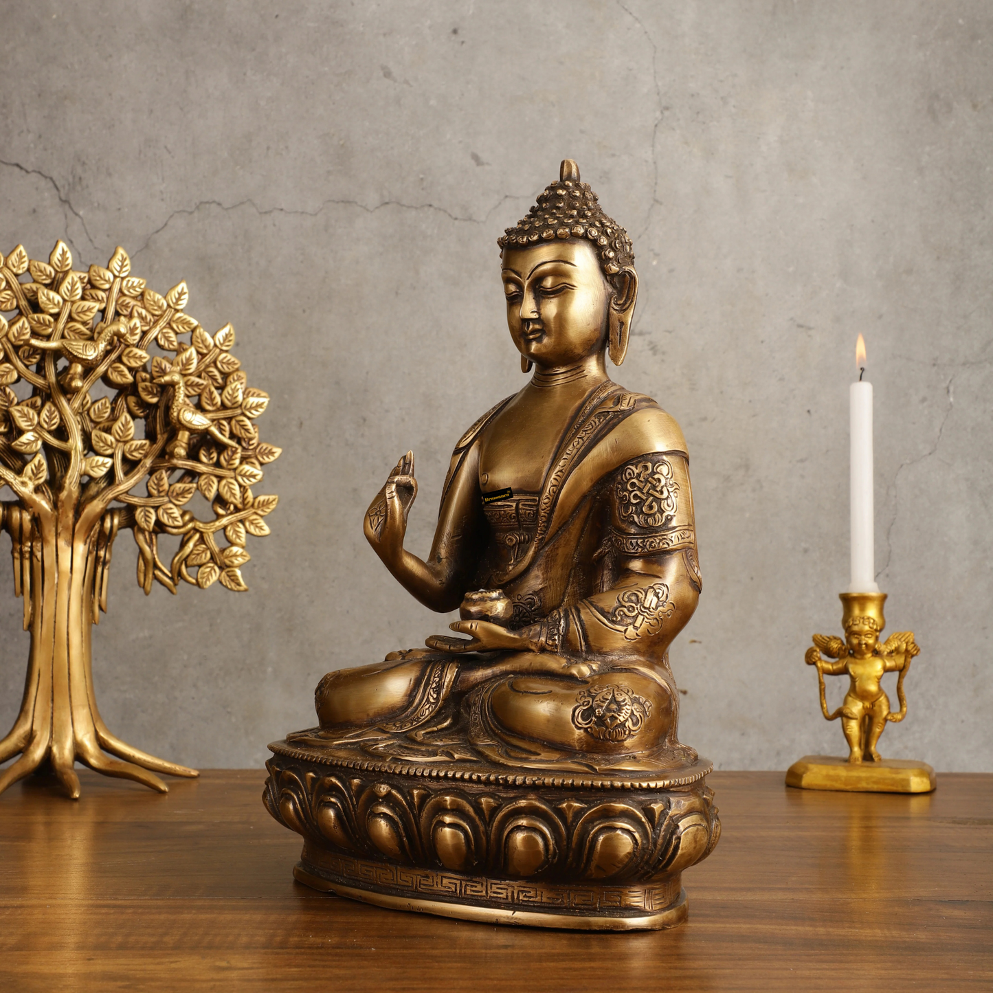 Brassaura™ Pure Brass Blessing Buddha Statue – Height 12.5 Inches, Weight 4.4 Kgs