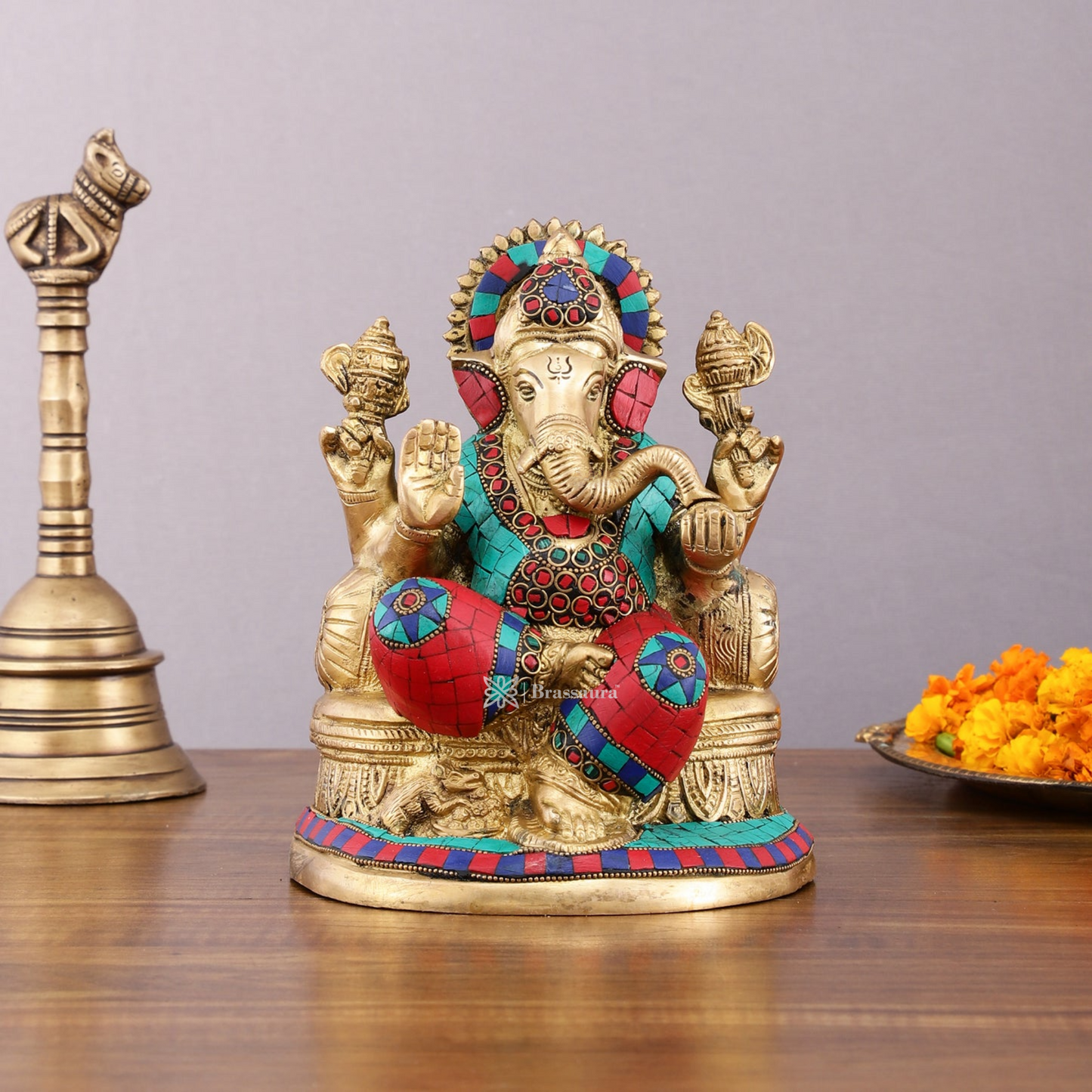 Brassaura™ Pure Brass Lord Ganesha Statue with Meenakari Stones – 8" Height, 3.5 kg – Elegant Spiritual Décor