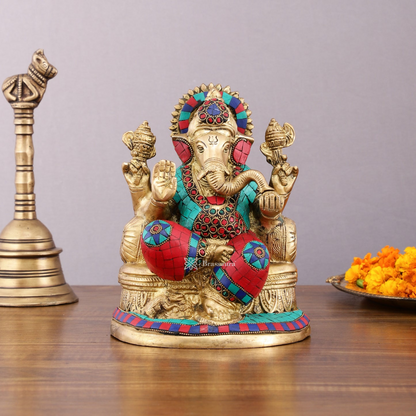 Brassaura™ Pure Brass Lord Ganesha Statue with Meenakari Stones – 8" Height, 3.5 kg – Elegant Spiritual Décor