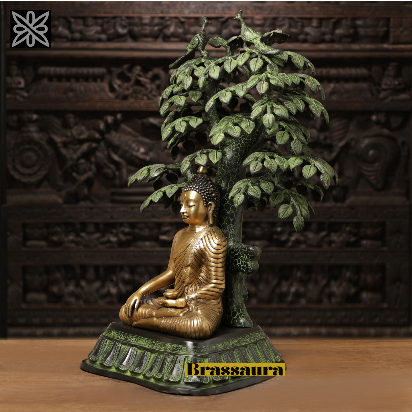 Brassaura™ Brass Buddha Statue in Bhumisparsha Mudra under Bodhisattva Tree – Height 30 Inches | Weight 37.12 Kgs | Golden & Green Finish