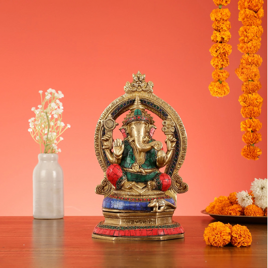 Brassaura™ Brass Lord Ganesha Murti with Stonework – Height 11.5 Inches, Weight 4 Kgs