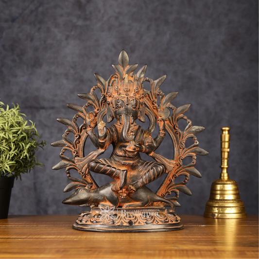 Brassaura™ Pure Brass Tibetan Ganapati on Mouse – Antique Patina Finish | Height 12 Inches, Weight 4.8 Kgs