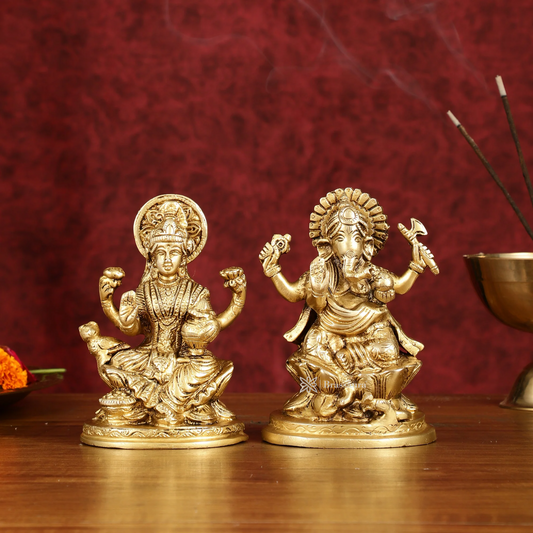 Brassaura™ Brass Duo – Ganesha & Lakshmi Idols | Height 5 Inches, Weight 2 Kgs | Auspicious Set