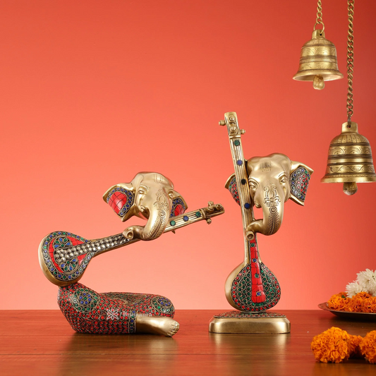 Brassaura™ Brass Abstract Lord Ganesha Table Accent Pair – Heights 12 & 9.5 Inches, Weight 8.2 Kgs