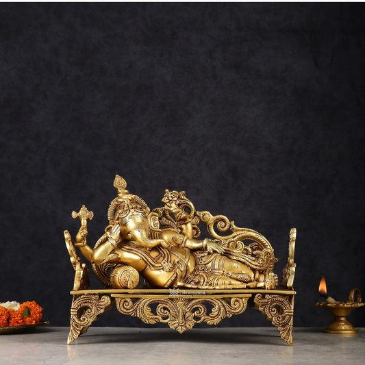 Brassaura™ Pure Brass Resting Ganesha Statue | Height 9 inch | Weight 6.3 Kg | Serene Home Decor