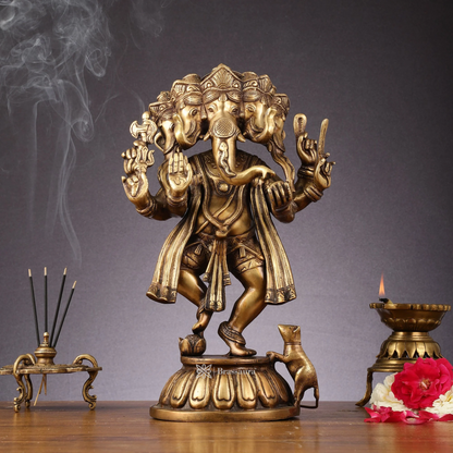 Brassaura™ Brass Panchmukhi Dancing Ganesha Statue – Antique Finish | Height 15 Inches, Weight 8 Kgs