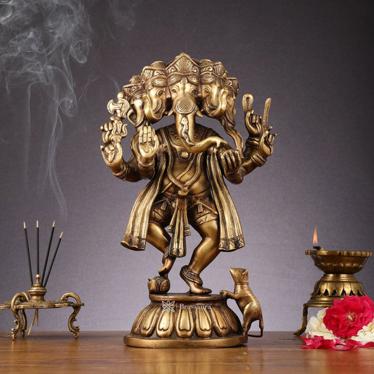 Brassaura™ Brass Panchmukhi Dancing Ganesha Statue – Antique Finish | Height 15 Inches, Weight 8 Kgs