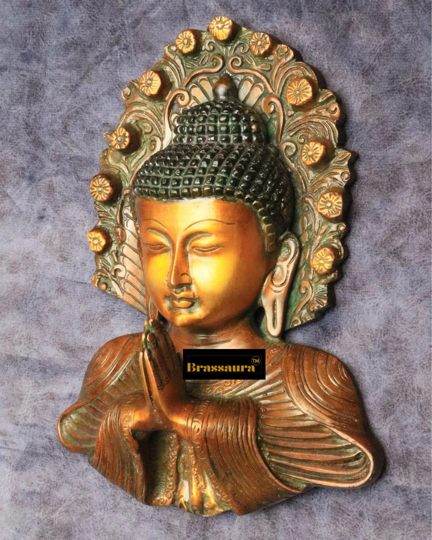 Brassaura™ Pure Brass Buddha Face Wall Hanging – Height 9.5 Inches, Weight 1.6 Kgs