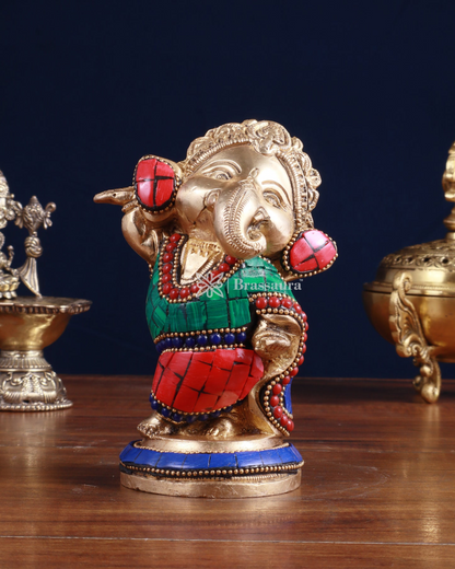 Brassaura™ Meenakari Brass Ganesha Idol – 5 Inch Height | 1 kg | Handcrafted with Stonework