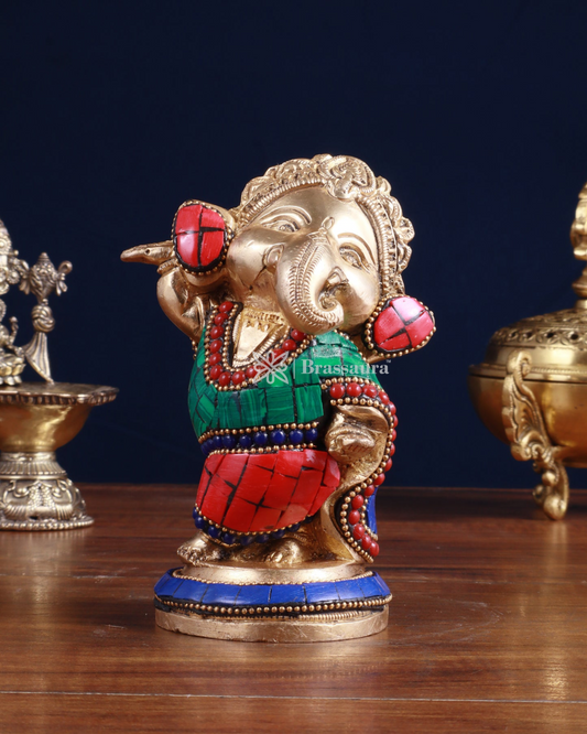 Brassaura™ Meenakari Brass Ganesha Idol – 5 Inch Height | 1 kg | Handcrafted with Stonework
