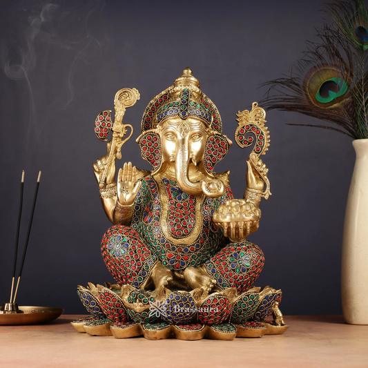 Brassaura™ Brass Seated Ganesha on Lotus – Height 11 Inches, Weight 8.5 Kgs | Auspicious & Prosperity Idol