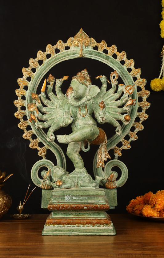 Brassaura™ Pure Brass Dancing Ganesha Statue – 25.5 Inch Height | 24 kg | 16 Arms & Fire Ring | Antique Green Patina Sandstone Finish