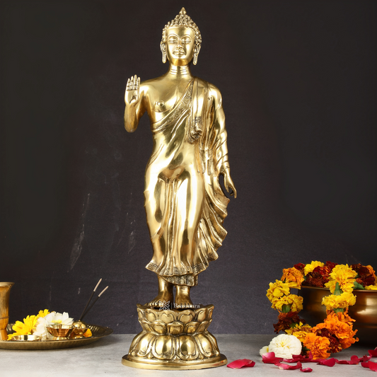 Brassaura™ Brass Standing Buddha Statue – Height 21.5 Inches & Weight 7.40 Kgs | Handcrafted Spiritual Decor for Home & Office