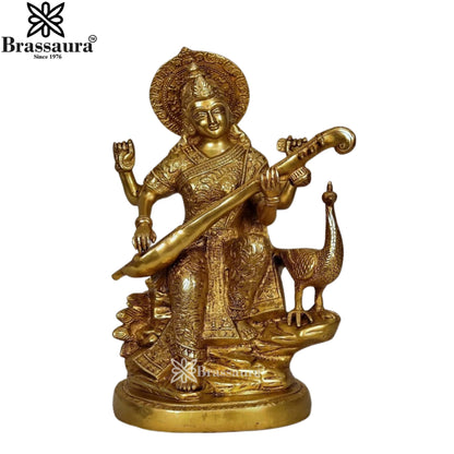 Brassaura™ Brass Saraswati Idol – Height 15 Inches & Weight 10 Kgs | Elegant Home & Temple Décor