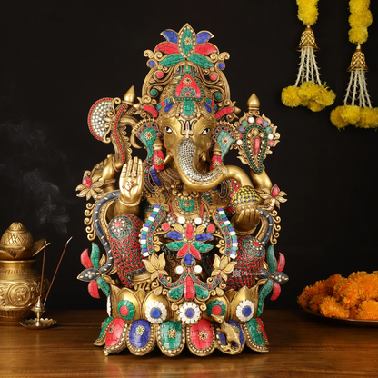 Brassaura™ Brass Superfine Lord Ganesha Idol with Lotus – 24 Inch Height | 32 kg | Stonework & Hand-Painted Eyes | Divine Home Décor