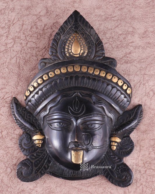 Brassaura™ Goddess Durga Brass Wall Mask – 2.2kg | 10.5" Height – Black Finish | Handcrafted Wall Mount