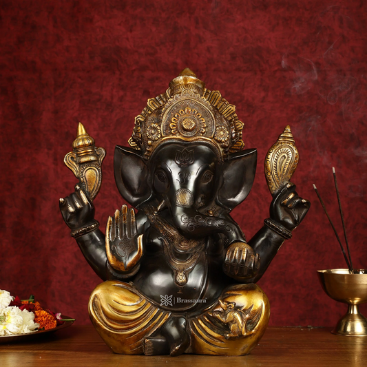 Brassaura™ Large Pure Brass Ganapati Statue – Black Finish | Height 15 Inches, Weight 13.5 Kgs