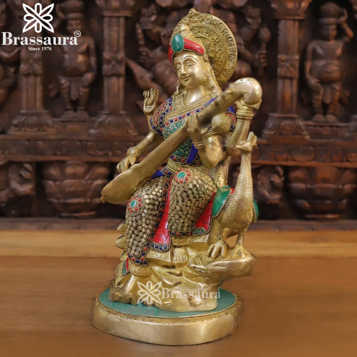 Brassaura™ Sacred Brass Gem Stone Work Saraswati Murti – Height 15.5 Inches & Weight 10.34 Kgs | Temple Décor Accent