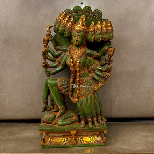 Brassaura™ Mahakali Brass Statue Idol with 10 Heads – 10kg | 15" Tall – Antique Green Patina