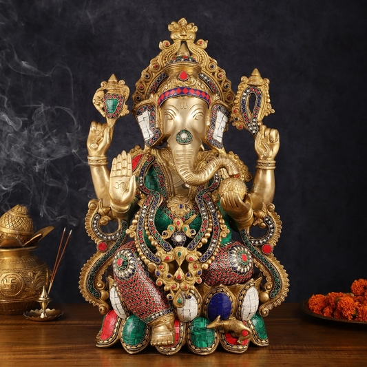 Brassaura™ Grand Brass Ganesha Idol on Lotus – 21 Inch Height | 24 kg | Intricate Stonework | Spiritual & Artistic Home Décor