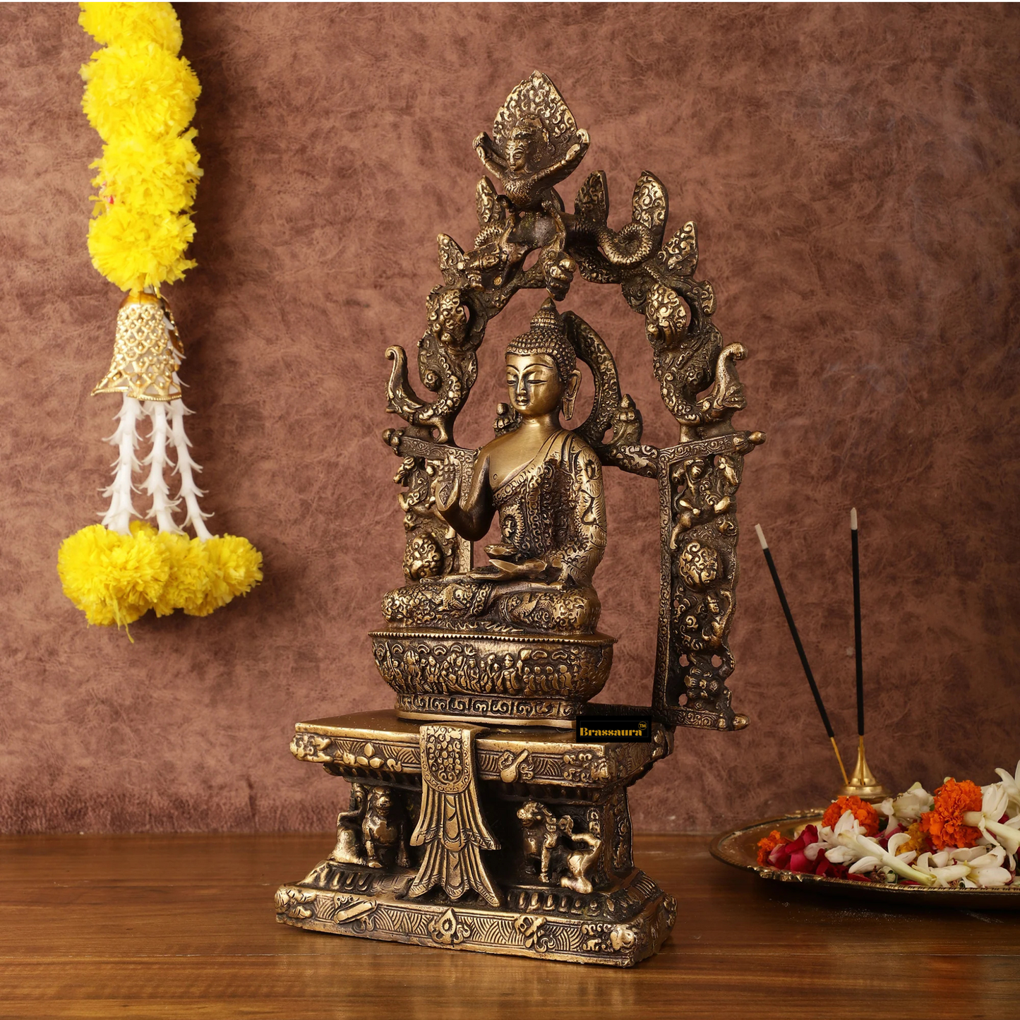 Brassaura™ Pure Brass Seated Buddha on Engraved Aasan and Arch – Height 16 Inches, Weight 6 Kgs