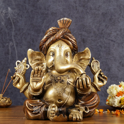 Brassaura™ Handcrafted Brass Ganesha Idol with Turban – Antique Dual-Tone Copper Gold Finish | Height 13.5 Inches, Weight 14 Kgs