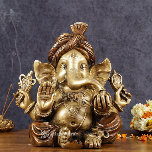 Brassaura™ Handcrafted Brass Ganesha Idol with Turban – Antique Dual-Tone Copper Gold Finish | Height 13.5 Inches, Weight 14 Kgs