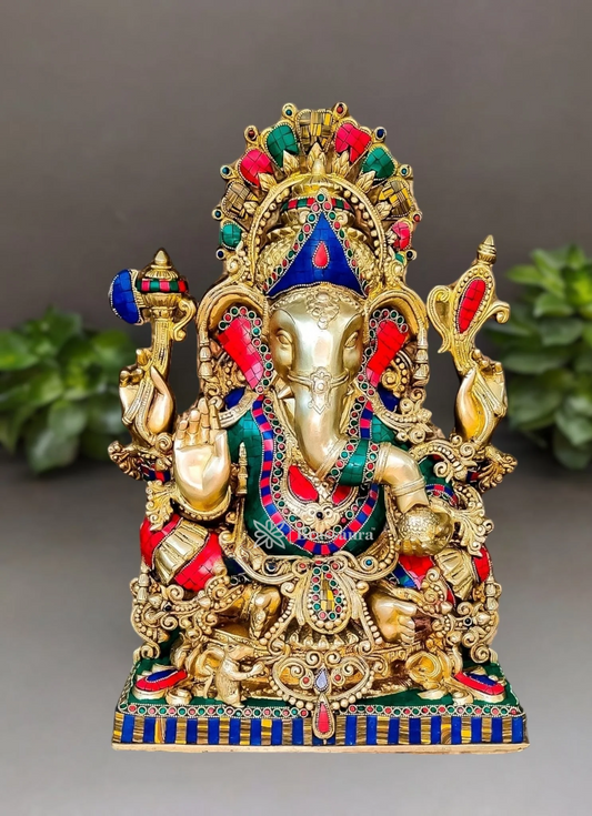 Brassaura™ Large Brass Ganapati Blessing Idol with Spectacular Stonework – 21 Inch Height | 28 Kg | Premium Finish