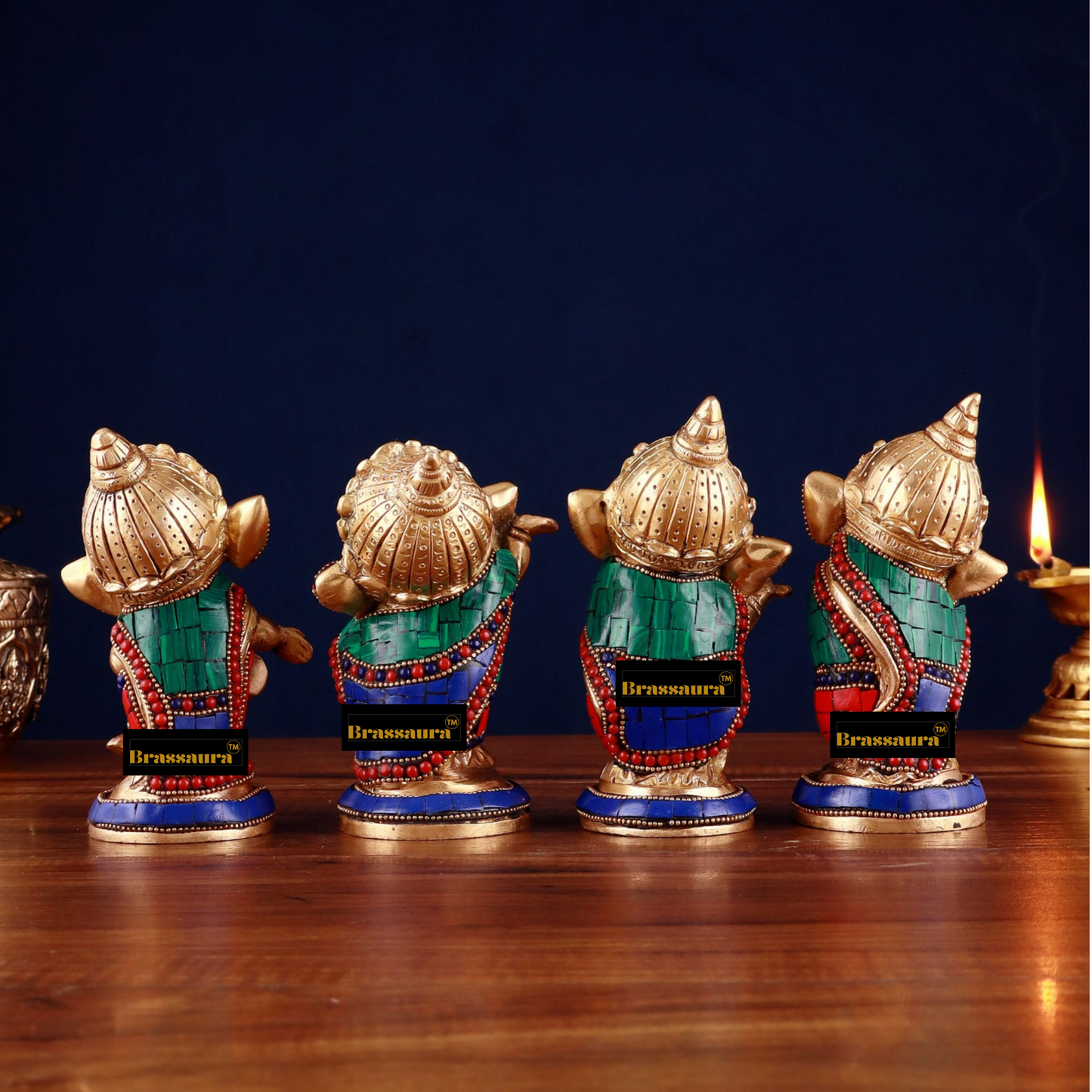 Brassaura™ Set of 4 Baby Brass Ganesha Idols – 5 Inch Height Each | 4 kg Total | Handcrafted with Stonework & Golden Accents