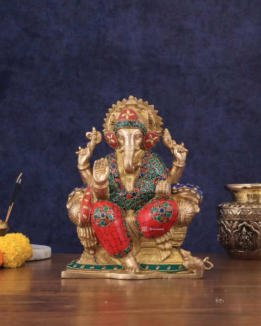 Brassaura™ Handcrafted Brass Ganesha Idol – 10" Height, 5 kg – Meenakari Stonework for Home & Office Décor