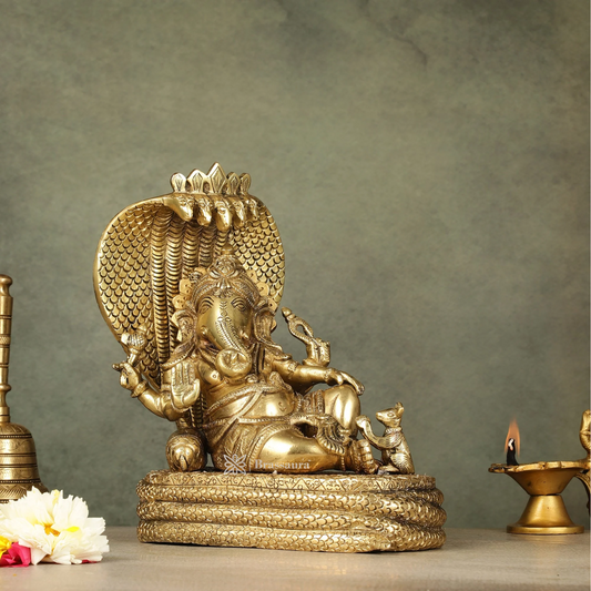 Brassaura™ Pure Brass Lord Ganesha on Sheshnaag – Height 10 Inches, Weight 6 Kgs | Auspicious Decor