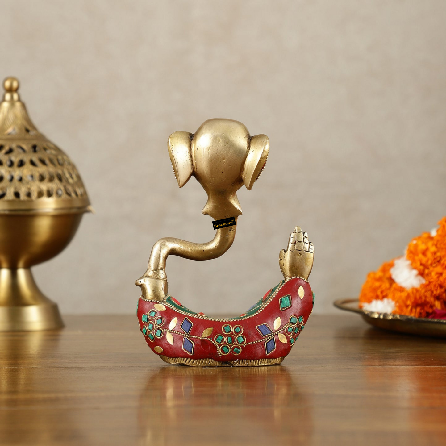 Brassaura™ Contemporary Brass Modern Ganesha Idol – 6 Inch Height | 1 kg | Meenakari Stonework | Unique Modern Décor