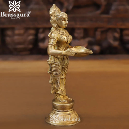 Brassaura™ Brass Deep Laxmi With Diya – Height 9.5 Inches & Weight 1.58 Kgs | Temple & Home Décor