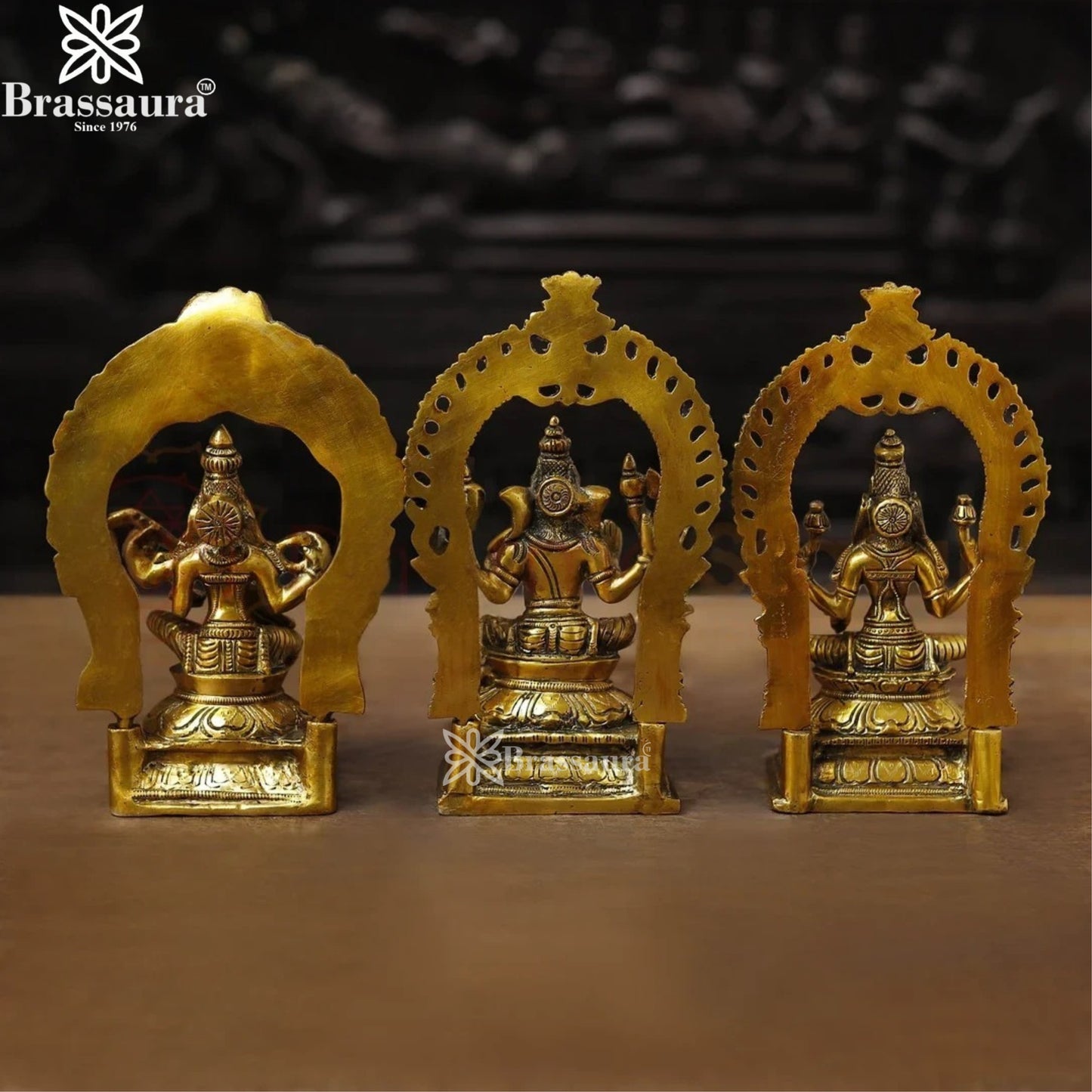 Brass Lakshmi Ganesh Saraswati Murti Weight 7.98 Kg And Height 9.5 Inch