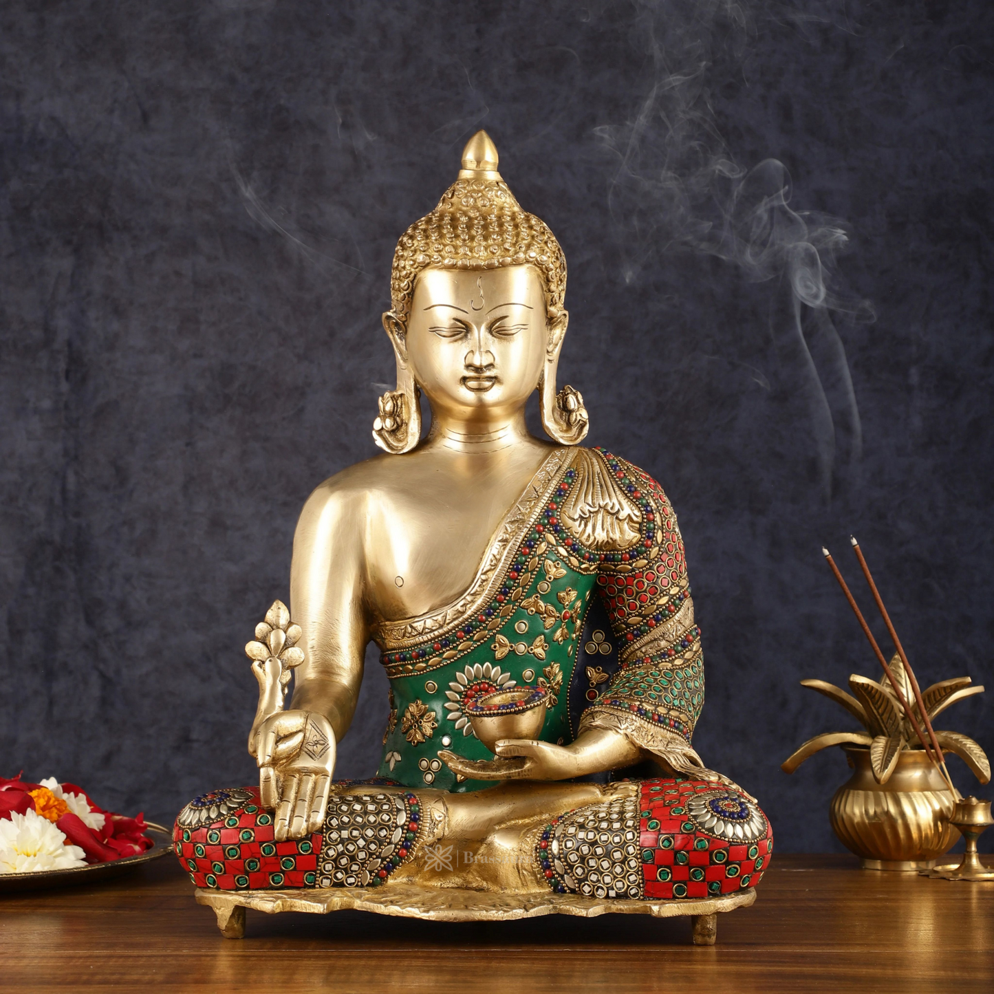Brassaura™ Pure Brass Medicine Healing Buddha Statue with Meenakari Work – Height 16 Inches, Weight 11 Kgs