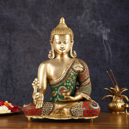 Brassaura™ Pure Brass Medicine Healing Buddha Statue with Meenakari Work – Height 16 Inches, Weight 11 Kgs