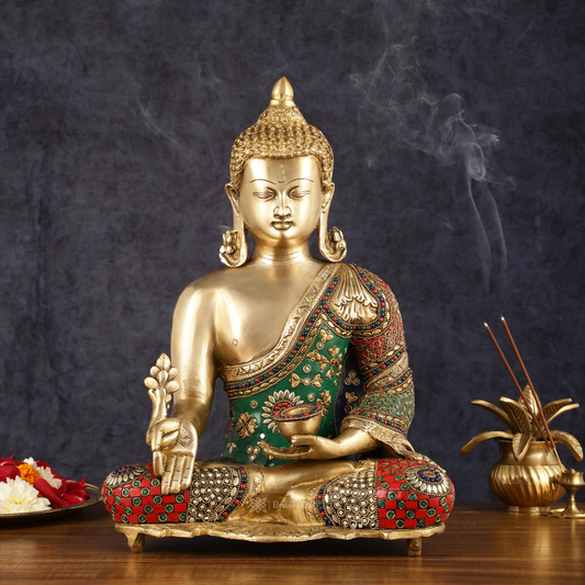 Brassaura™ Pure Brass Medicine Healing Buddha Statue with Meenakari Work – Height 16 Inches, Weight 11 Kgs