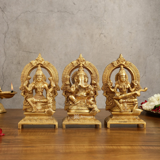 Brassaura™ Pure Brass Ganesha, Lakshmi & Saraswati Idol Set | Lord Ganesha 7 inches Height | Goddess Lakshmi & Saraswati 7.5 inches Height | Total Weight 5 Kg | Spiritual Decor