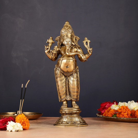 Brassaura™ Brass Standing Ganesha Idol – Height 10 Inches, Weight 2.58 Kgs | Wisdom & Prosperity Statue