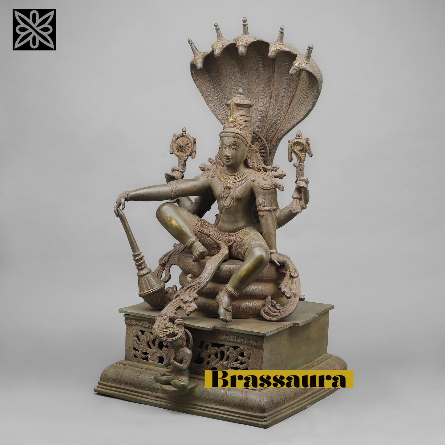 Brassaura™ Antique Finish Brass Lord Vishnu Seated on Sheshanaag Statue | 29 Inches Height | 36.64 Kgs Weight | Intricately Crafted